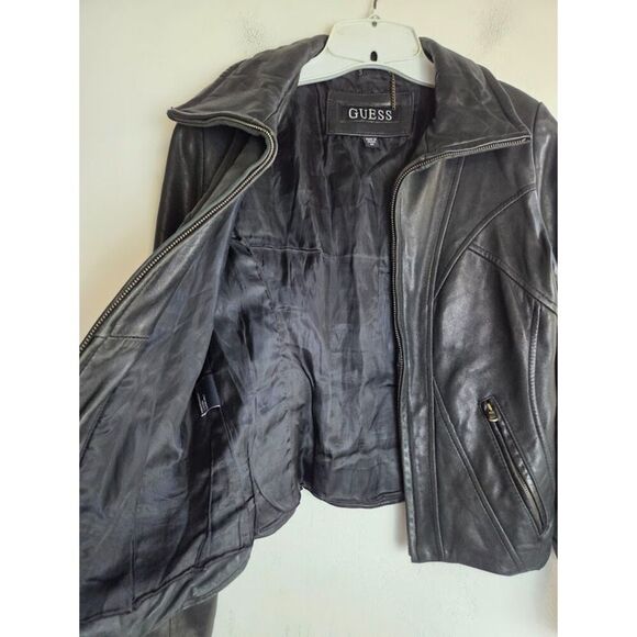 Guess Women Geniune 100% Leather Full Zip Lined Moto Pockets Jacket size Medium - Picture 8 of 10